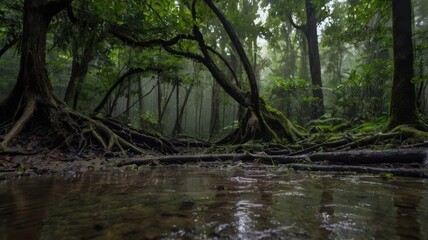 Obraz premium Lush forest scene with a flowing stream