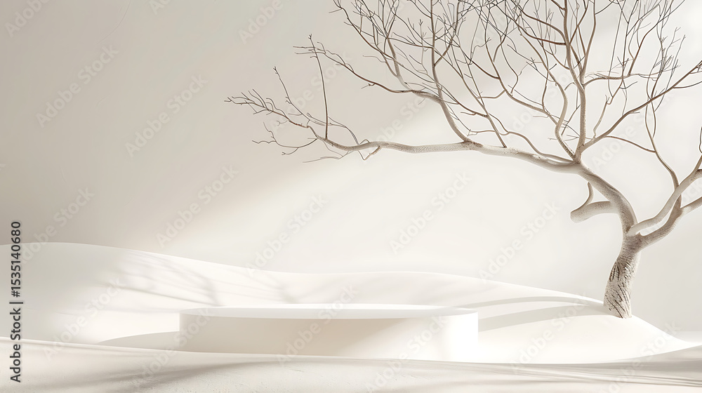 Poster a minimalist white podium stands beneath a bare tree with delicate branches against a soft, neutral 