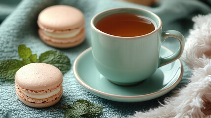 minty beverage in ceramic cup with sweet dessert and soft towel flatlay