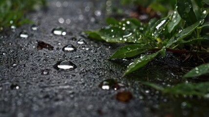 Fototapeta premium Water droplets on wet pavement, surrounded by greenery