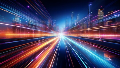 Fototapeta premium abstract light trails speed through a futuristic cityscape at night symbolizing fast data transfer and modern technology
