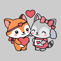 Cute Fox and Raccoon Valentine's Day Illustration