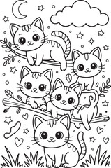 Naklejka premium Cats on Branch Scene Nature Art Minimalist Moon and Star Design Whimsical Feline Illustration