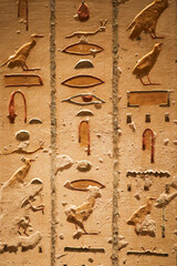 Vertical View of Ancient Hieroglyphs Inside a Tomb in the Valley of the Kings, Egypt