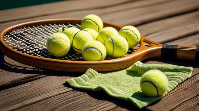Tennis racket with balls and towel on a wooden table. Selective focus.