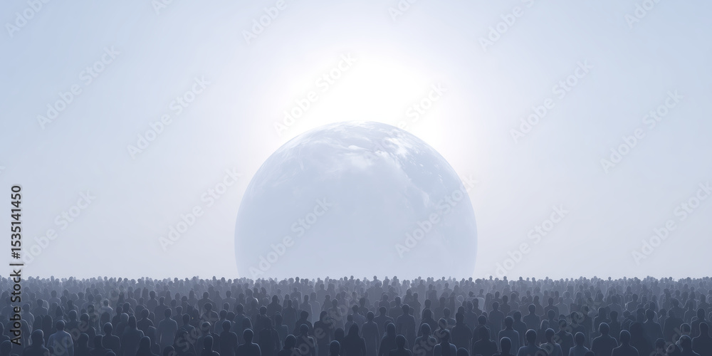 Poster crowd of silhouettes gathered in a vast open space, with a large celestial body rising in the backgr