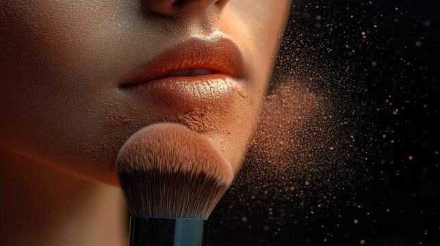 close-up of beige powder explosion with soft makeup brush on dark moody background  - Powered by Adobe