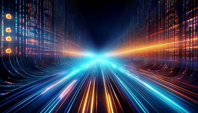 binary code digital data stream with glowing light path in futuristic technology concept