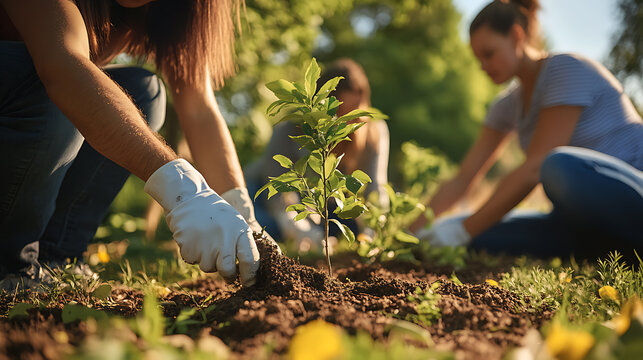 Volunteers Planting Trees in a Community Garden