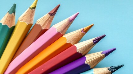 Fototapeta premium A collection of colorful pencils arranged neatly in a fan shape, placed on a pastel blue solid background, showcasing sharp tips and vibrant hues.