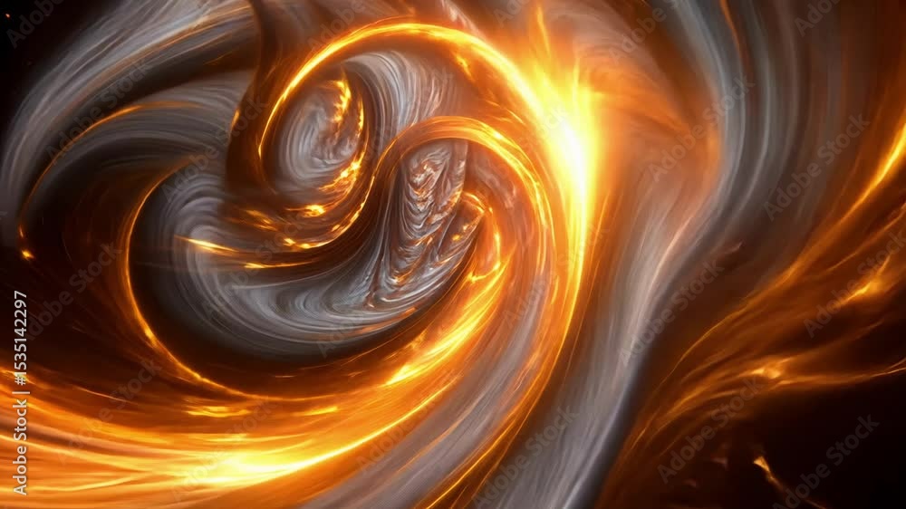 Poster exploring the mesmerizing patterns of swirling golden light in a vibrant abstract display