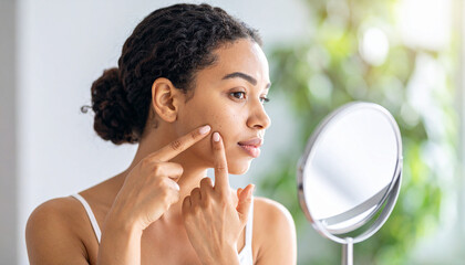 Young Woman with Acne Skin Problem Looking for Skincare Solution