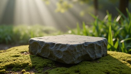 Stone pedestal in lush jungle with glowing sunlight and a distant waterfall. Nature's beauty.