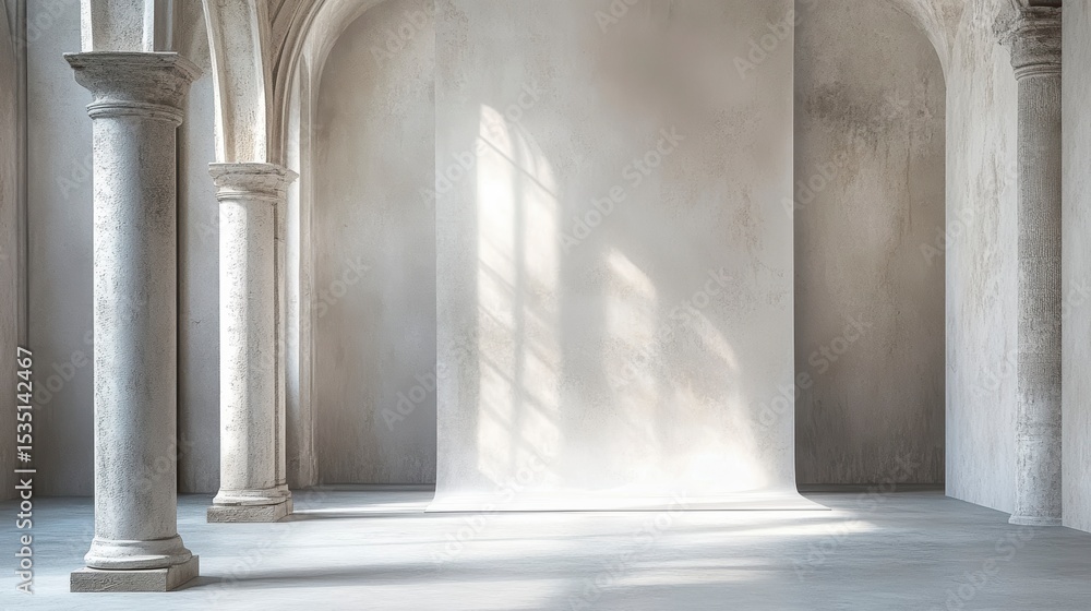 Poster sunlit interior with classical columns and arched walls, providing a blank canvas for product displa