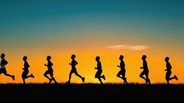 Silhouette Runners Against Sunset: A sequence of determined silhouettes dashes across an open field, their forms etched against the fiery hues of a breathtaking sunset.