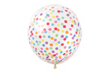 Colorful confetti floating inside transparent balloon with transparent background, perfect for party invitations or celebratory designs