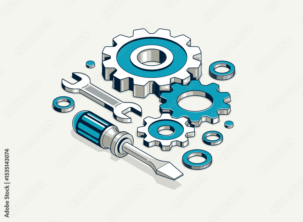 Poster mechanical engineering concept, gears and tools in 3d isometric projection vector illustration, cogw