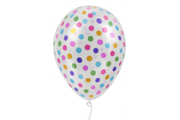 Single colorful polka dot balloon floating against a transparent background, perfect for party invitations, greeting cards, or any festive design