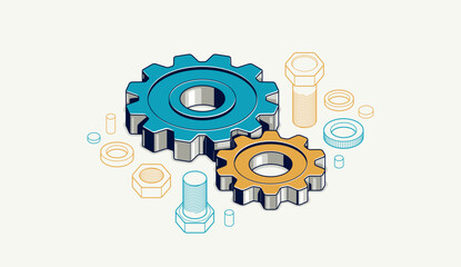 Mechanical engineering concept, gears and cogs composition isometric 3D vector illustration, cogwheels system technology and technics machinery engine.
