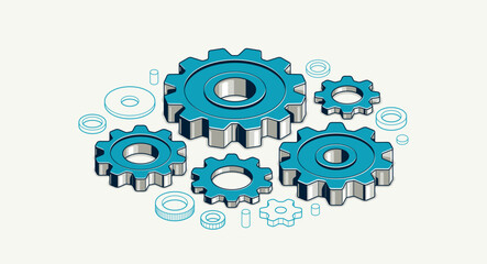Mechanical engineering concept, gears and cogs composition isometric 3D vector illustration, cogwheels system technology and technics machinery engine.