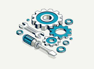 Mechanical engineering concept, gears and tools in 3D isometric projection vector illustration, cogwheels and cogs system technology and technics work in progress.