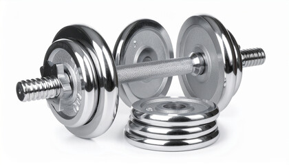 Naklejka premium Metal Dumbbell and Weight Plates Isolated on White Background for Fitness and Training Use