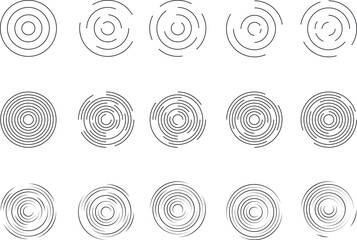 Circular ripple icons set, concentric circles, vortex, sonar wave, soundwave, signal signs, customizable stroke, vector, illustration