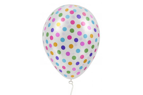 Single colorful polka dot balloon floating against a transparent background, perfect for party invitations, greeting cards, or any festive design