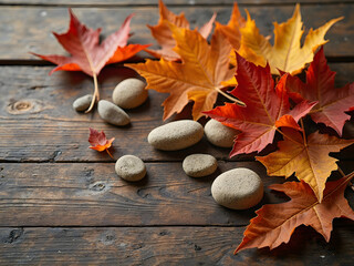 Autumn Mood Flatlay with Dry Leaves and Rough Stones: Flatlay featuring crisp dry leaves in warm tones placed beside textured stones on a wooden table for an autumnal rustic mood.