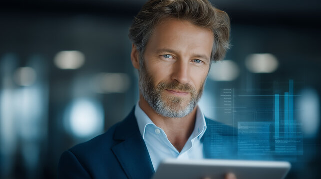Businessman Using Tablet for Data Analysis with Hologram Graphics