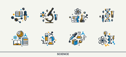 Science vector detailed icons set, molecules and atoms laboratory experiment, book university study, flask and tube experiment.