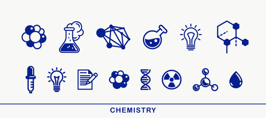 Chemistry vector detailed icons set, science theme, laboratory flasks and microscopic molecules, pharmacology and biochemistry.