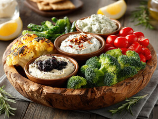 Crudite platter: Colorful vegetable platter with dips, served as a healthy snack or appetizer