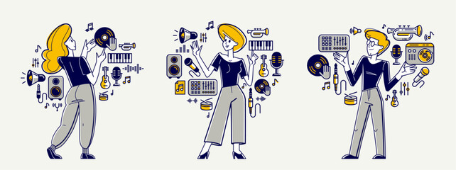 Fototapeta premium Music producer composing new track vector outline illustration set, sound engineer doing his job in recording studio, composer creating audio mix.