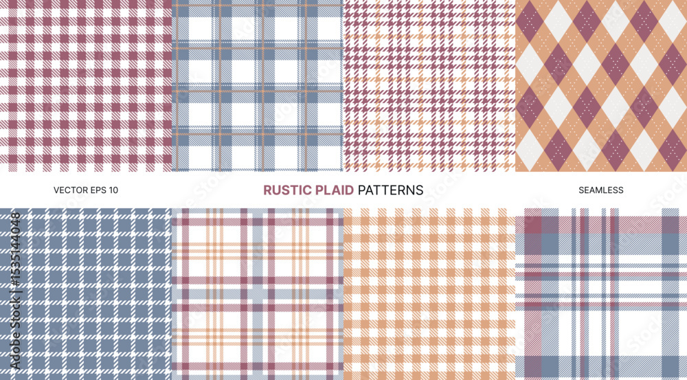 Poster rustic seamless vector patterns collection with classic plaid gingham tartan argyle textures in warm