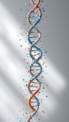 dna sequence model formed from particles dissolving into light, white background with soft shadows