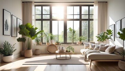 Fototapeta premium a cozy living room with soft natural light filtering through a window featuring empty frames and lush plants