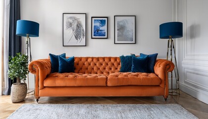 a sophisticated interior featuring an orange velvet chesterfield sofa adorned with deep blue cushions placed against a simple white wall with framed art