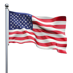 Fototapeta premium A waving American flag is attached to a silver pole against a white background. The flag is fully visible, showing detail in its folds.