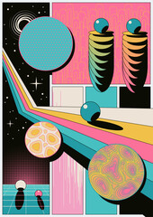 Abstract Geometric Posters 3D Effect Shapes, Perspectives and Dimensions. 1980s Colors Combination