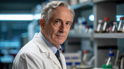 Fototapeta premium Scientist in a laboratory wearing a white lab coat, surrounded by scientific equipment.