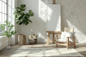 Cozy and Bright Interior Scene with Empty Easel, Green Plants, Chair, Rug, and Natural Light in a Modern Living Room