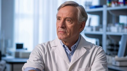 Fototapeta premium Scientist in a laboratory wearing a white lab coat, looking thoughtful.