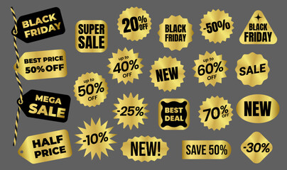 Gold sticker, tag, sale, best price, black friday, discount, new. Round shiny smooth metal emblem. Award, medal oval element with uneven wavy zigzag edge, star shape. Isolated on black background EPS