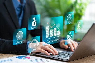 Management strategy planning, Cost reduction, Business finance concept, Cost and quality performance management, concept, Businesswoman sets key points target of business, Quality, Speed, Efficiency
