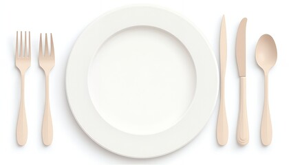 White plate with two forks, two knives and one spoon
