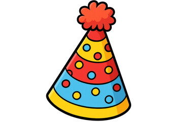 Colorful polka-dotted party hat with fluffy pompom, celebrating birthday fun against transparent backdrop