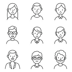 Simple Line Art Portraits Diverse People Headshots Male Female Icons Avatar Set Black White avatars Vector Illustration for Design, Business, and Stock Platforms