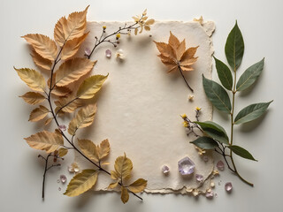 Flatlay with Pressed Leaves and Small Crystals: A creative flatlay combining pressed leaves, translucent crystals, and textured paper on a neutral background for a natural and mystical feel.