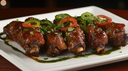 Chicken drumettes in a fan shape with decorative sprigs of cilantro and pepper rings